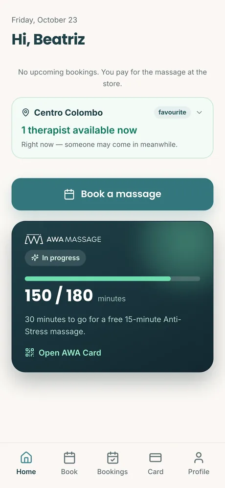 The AWA Massage customer app on a phone, with demo data