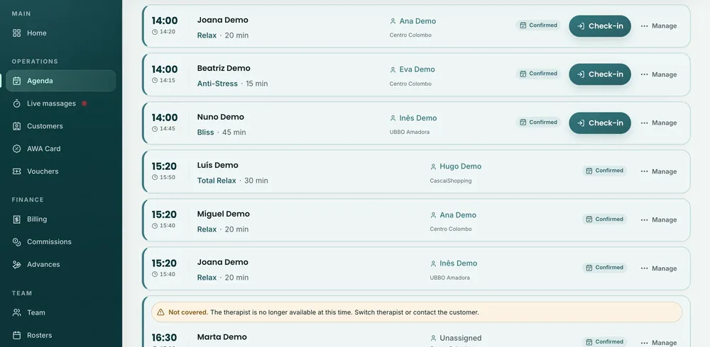 The AWA Massage staff portal: the day’s agenda, with demo data