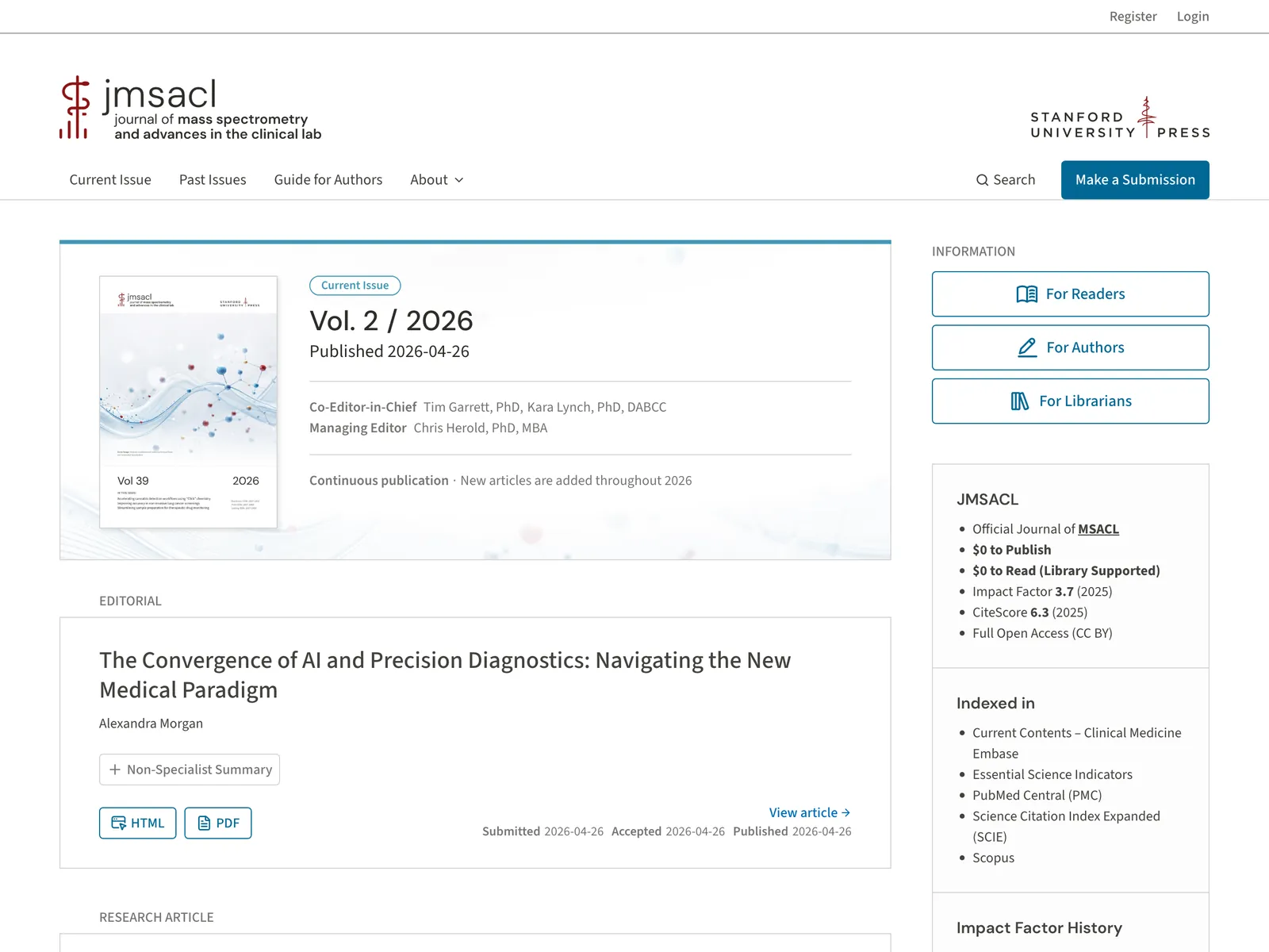 The JMSACL journal site on the OJS theme, on the staging server