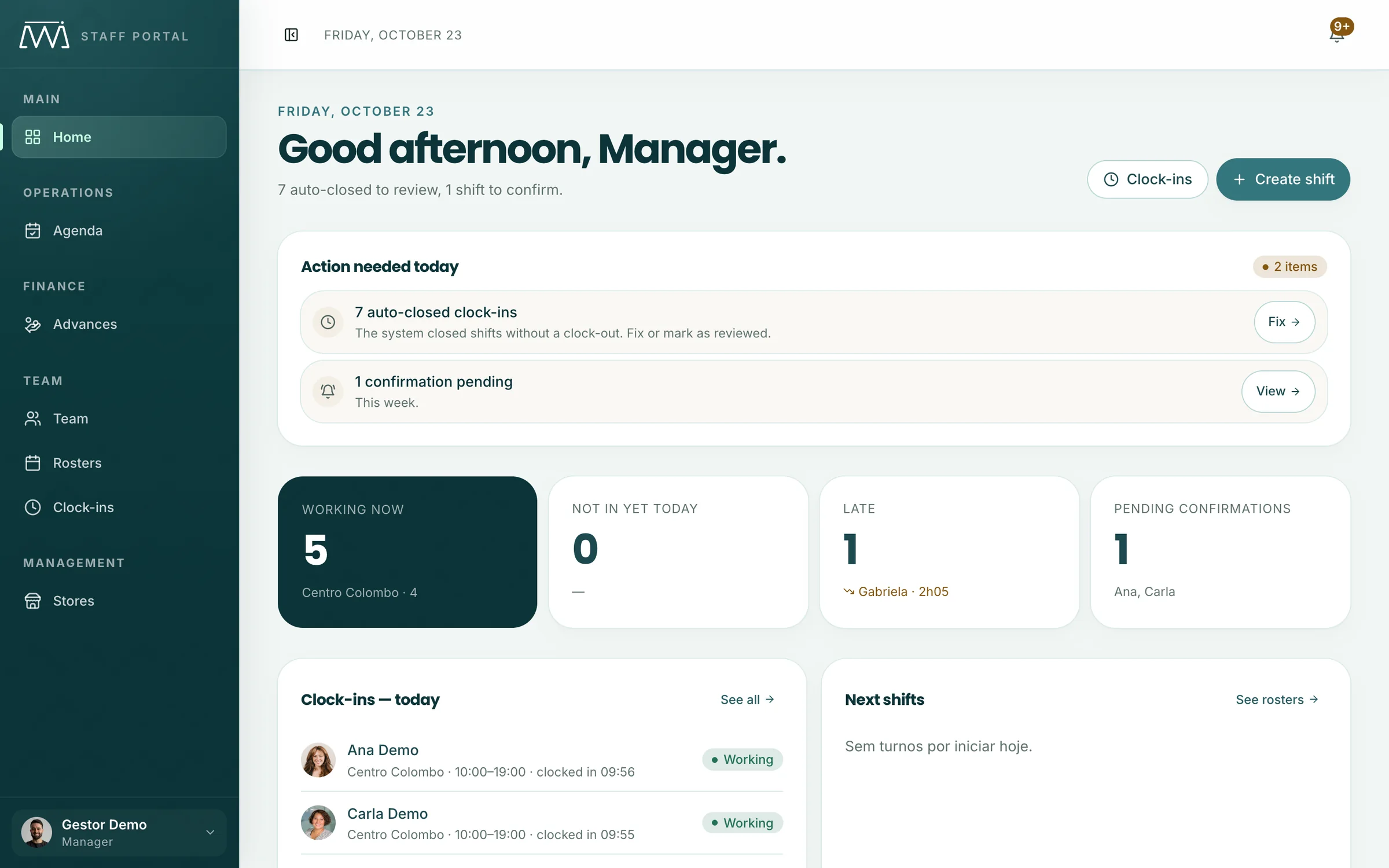 The manager's home in the staff portal