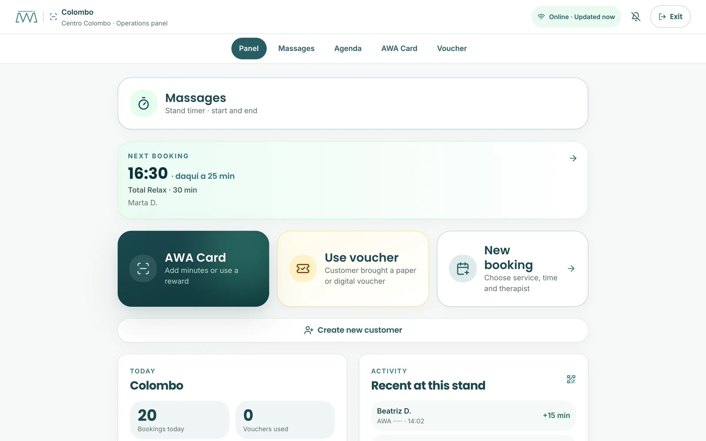 The stand's counter panel: next booking, AWA Card, vouchers, new booking