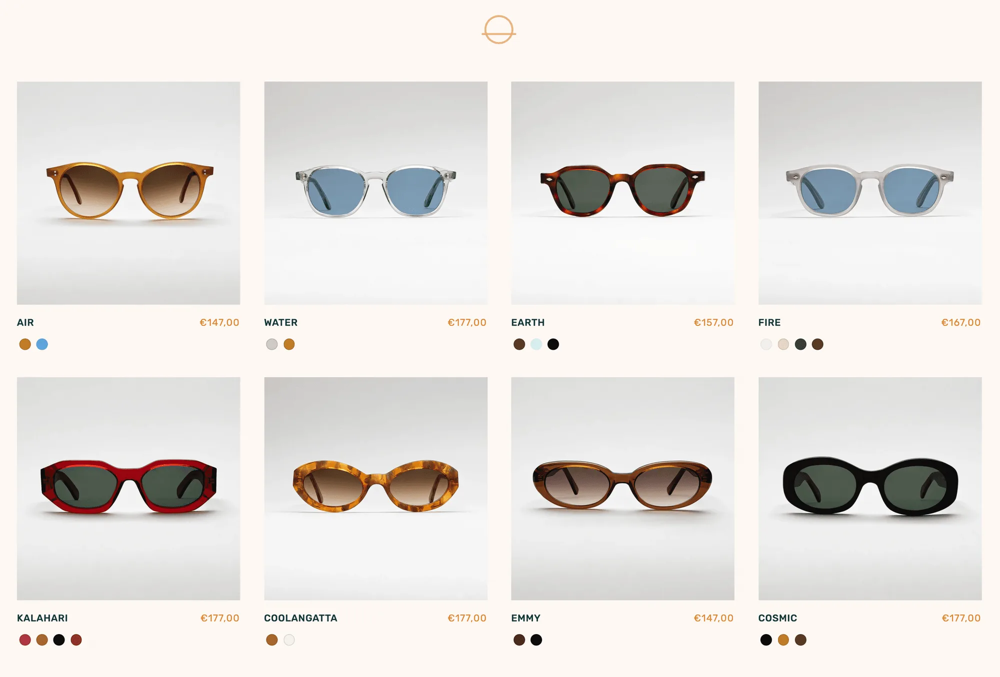 The Shades collection on mireyeshades.com: eight models, each with its swatches under the photograph