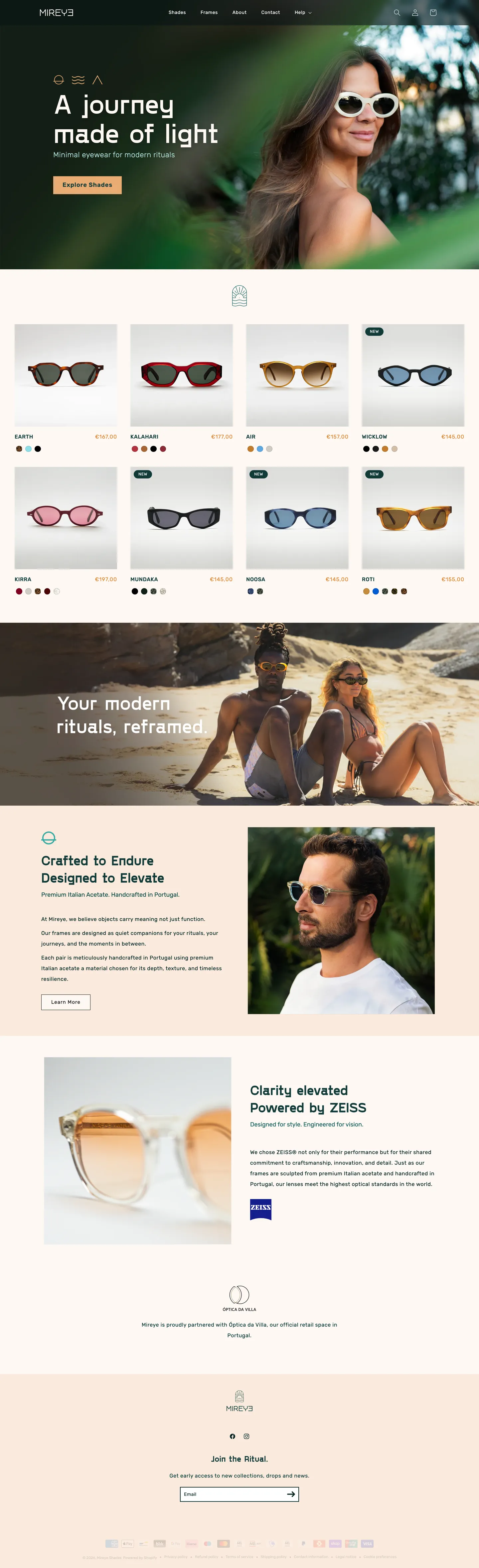 The mireyeshades.com homepage from top to bottom: the hero, the shades grid with swatches, the rituals band, craft, ZEISS lenses, the optician partner and the newsletter