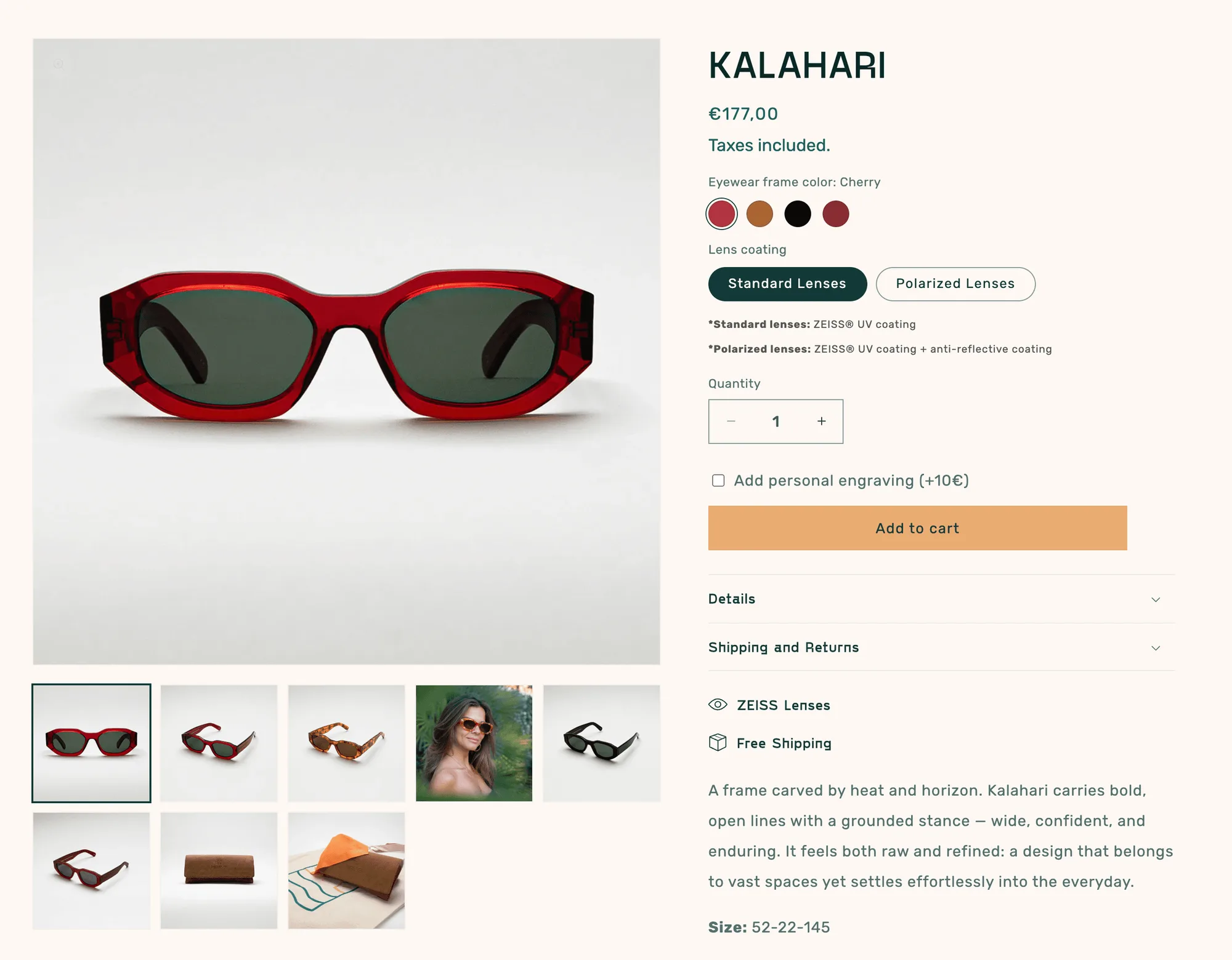 The Kalahari product page: the frame first, then colour, lens, engraving and the add-to-cart